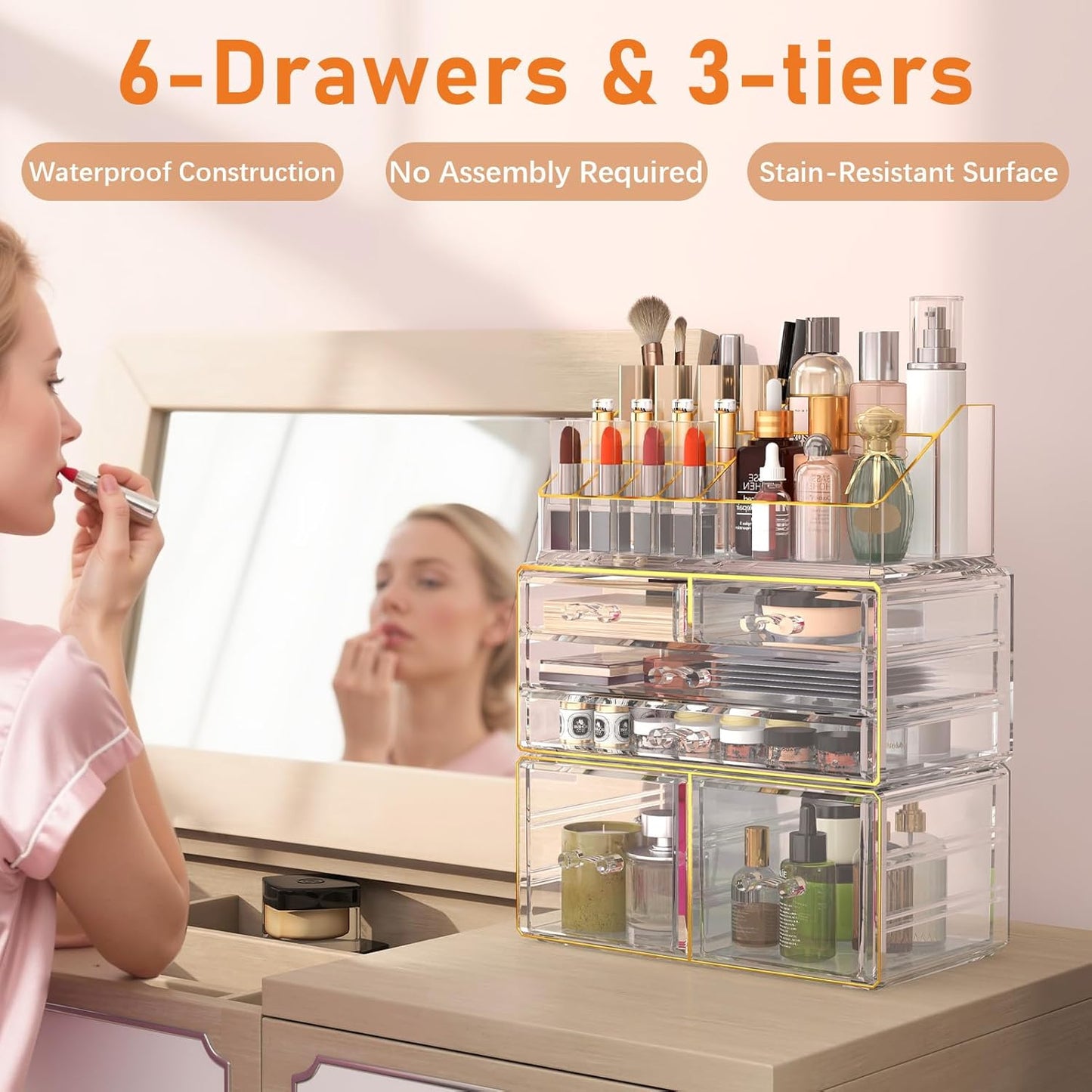 Makeup Organizer Countertop, Bathroom Organizers and Storage for Dresser, Vanity, No Install, Ideal for Large Skincare, Perfume, Present, Pink
