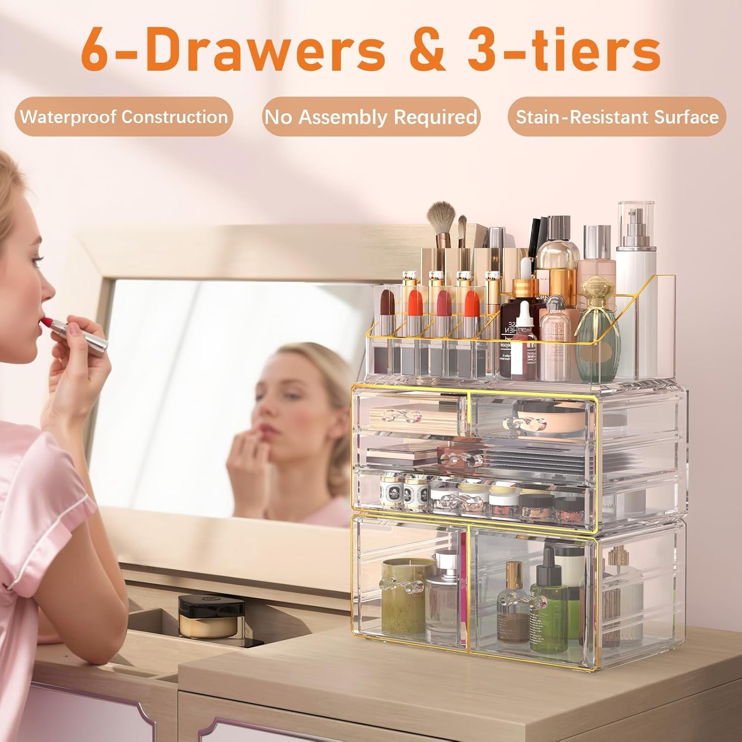 Makeup Organizer Countertop, Bathroom Organizers and Storage for Dresser, Vanity, No Install, Ideal for Large Skincare, Perfume, Present, Pink