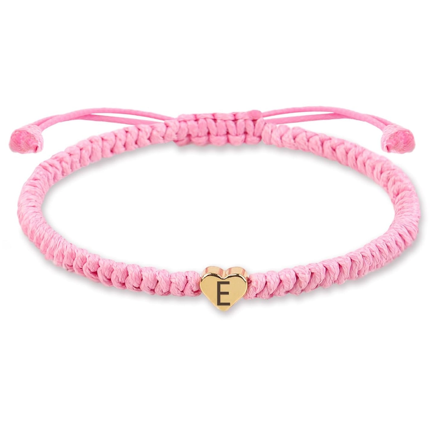 Pink Weave Rope Letter Bracelet for Women, Initial Bracelet Heart Charm 26 Letters A-Z Alphabet Handmade Adjustable Jewelry for Couple Teenage Girls Sister Valentines Day Mother'S Day (Pink-E)