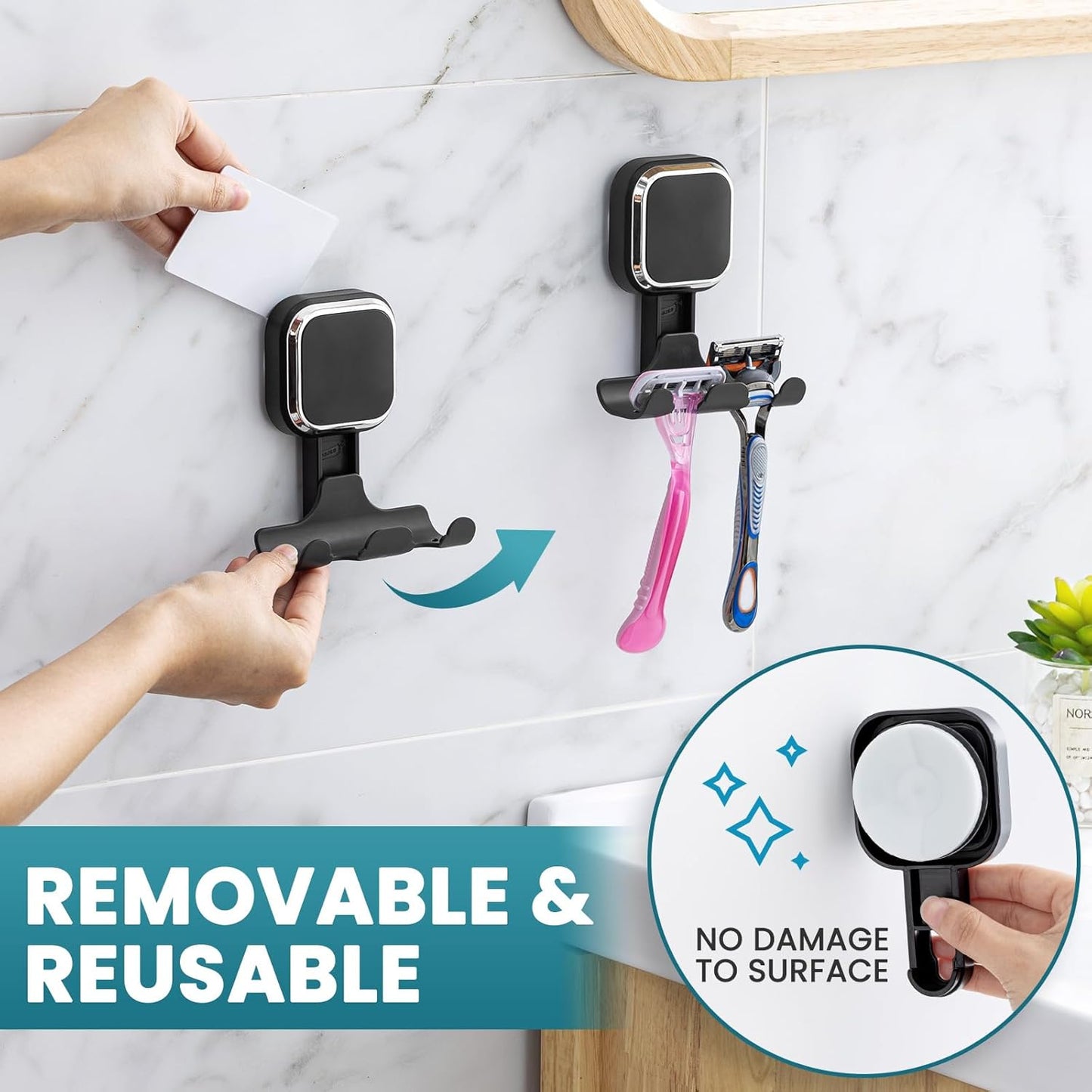 Suction Cup Razor Holder for Shower Wall 2 Pack, Versatile Suction Cup Hooks for Razor, Towel, Loofah, Squeegee, Cell Phone, Removable Damage-Free Hanging Shower Hook, Shaver Holder, Black
