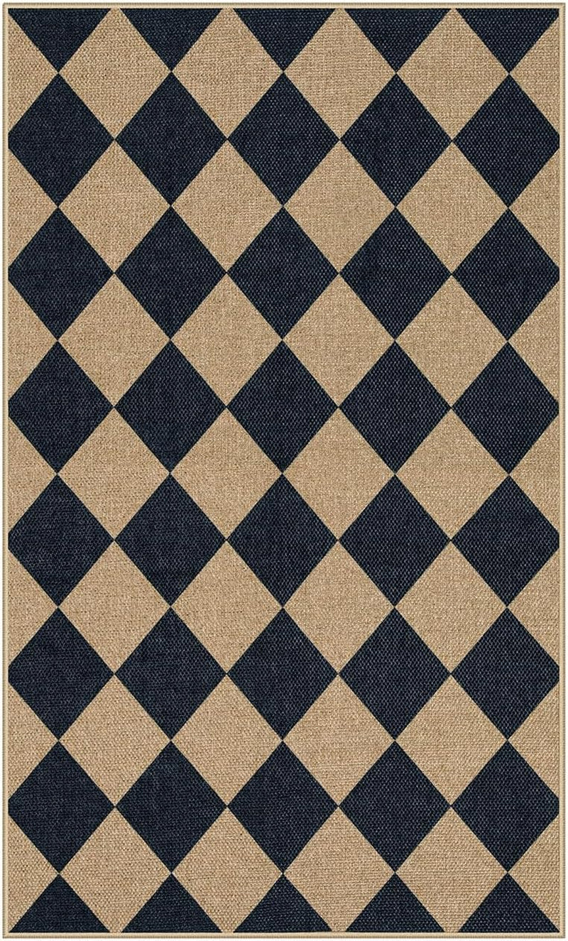 Checkered Easy Jute 3X5 Outdoor Patio Rug, Washable Rugs for Entryway Diamond Indoor Outdoor Living Room Carpet, Farmhouse Neutral Non Slip Black Door Carpet for Backyard Bedroom