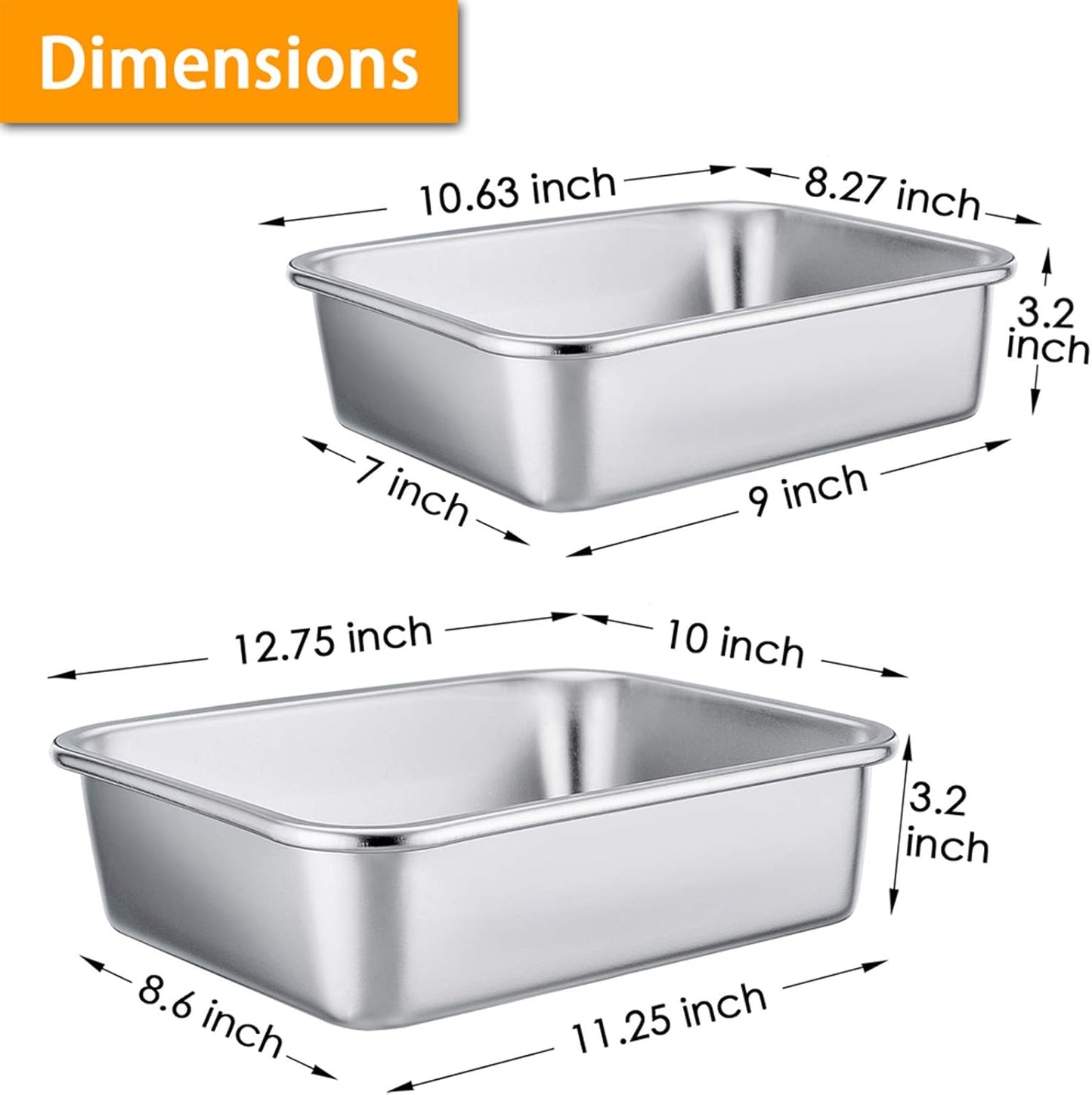 Lasagna Pan Set, Stainless Steel Rectangular Baking Pan for Brownie/Cake/Meat, Non-Toxic & Heavy Duty, Deep Side & Rolled Rim, Brushed Surface & Dishwasher Safe, 10.7" X 3.2" + 12.7" X 3.2"