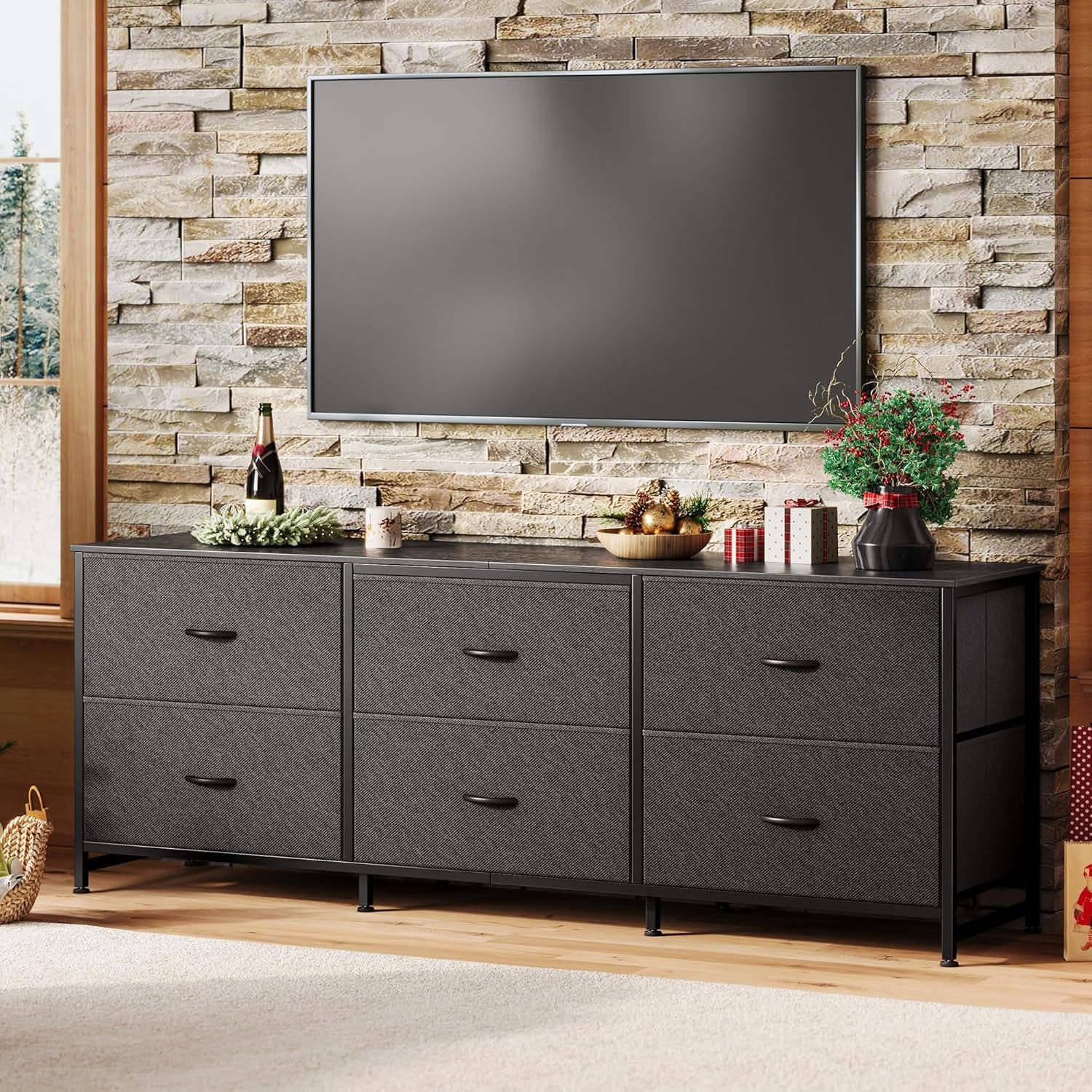 63-Inch Modern Dresser and TV Stand Combo, Suitable for 55 to 70 Inch TVs, 6-Drawer Storage Organizer with Fabric Drawers for Bedroom and Entryway, Black Finish