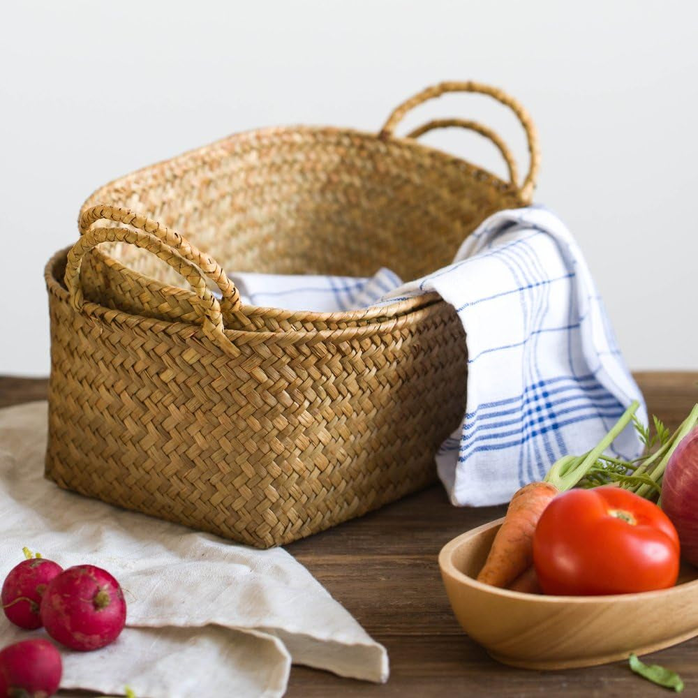 Seagrass Woven Baskets for Storage Natural Shelf Basket with Handle for Organizer Stackable Oval Set of 3 (Large+Medium+Small)