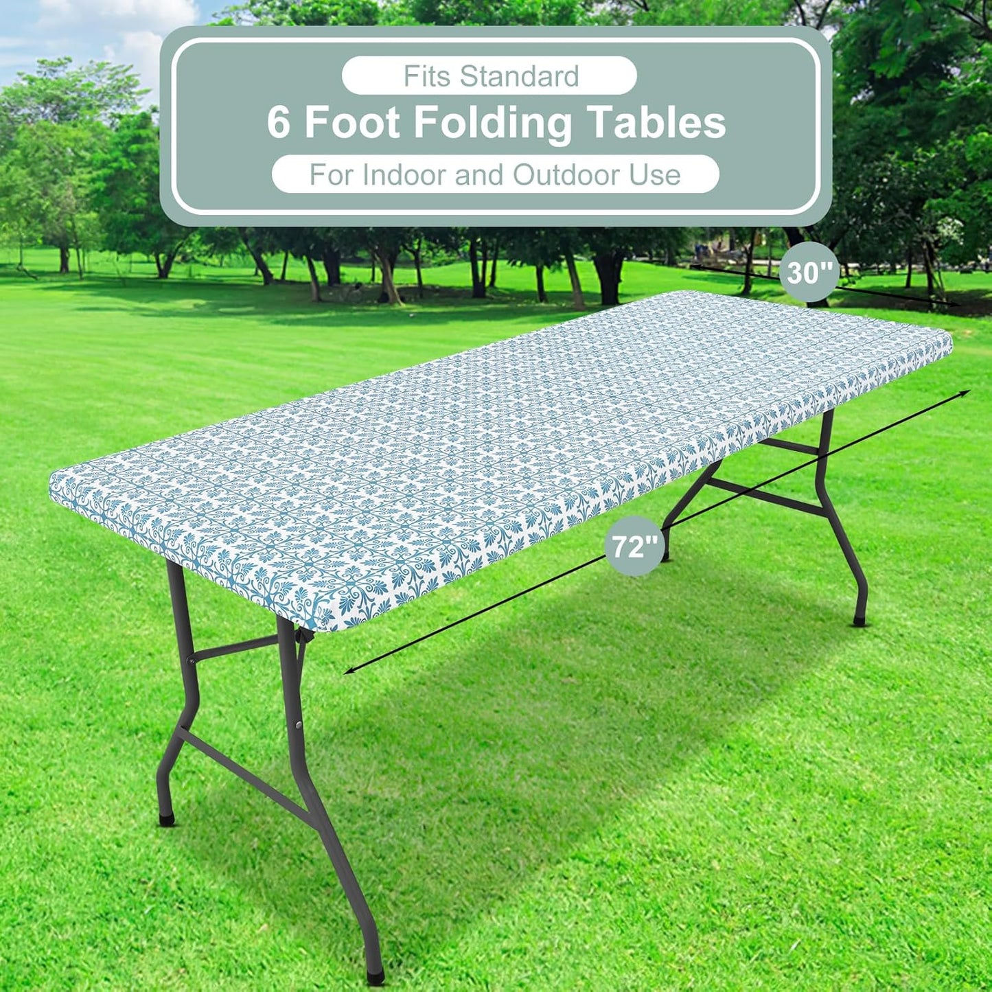 Rectangle Vinyl Table Cloth, Elastic Fitted Flannel Backed Tablecloth, 100% Waterproof Plastic Table Cover Fits 6 Foot Folding Tables for Picnic, Camping, Outdoor (Aqua, 30" X 72")