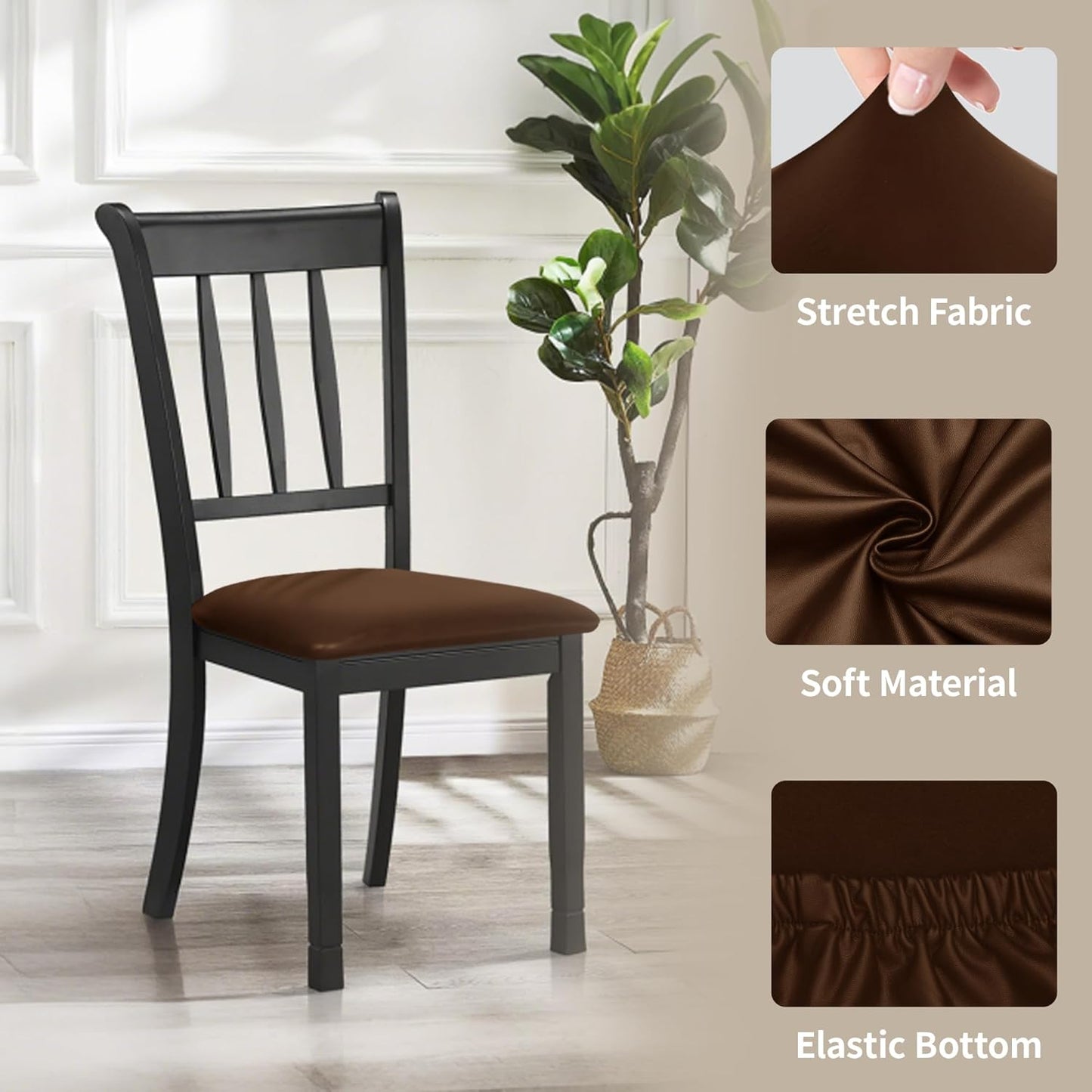 Waterproof PU Leather Seat Covers for Dining Room Chairs Set of 4, Stretch Fit Removable Chair Seat Protector Slipcovers with Elastic Band, Coffee