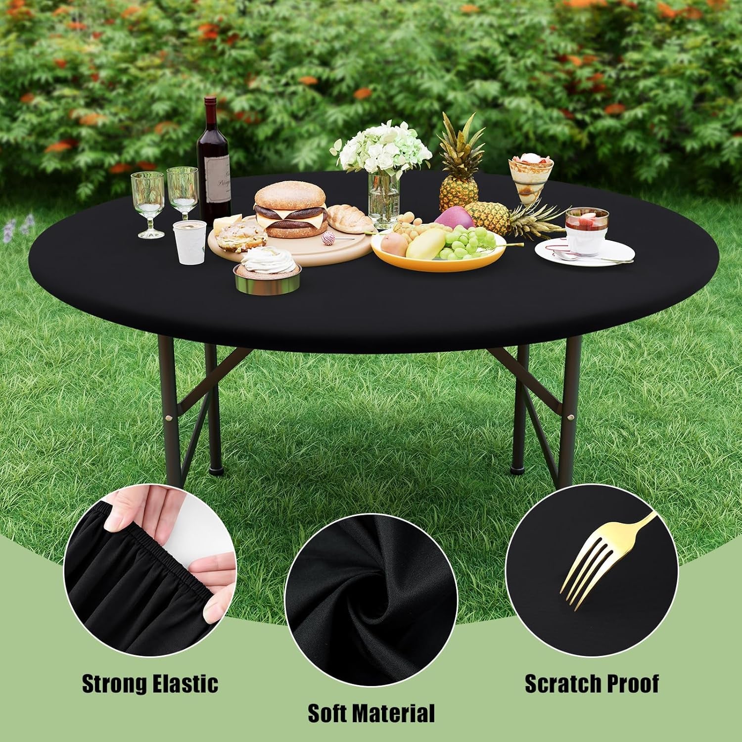 2 Packs round Spandex Tablecloths, Stretch Elastic Tablecloth Cover Fitted for 18"-24" round Tables, Waterproof Polyester Washable Table Cloth for Dining, Party, Outdoor and Indoor, Black