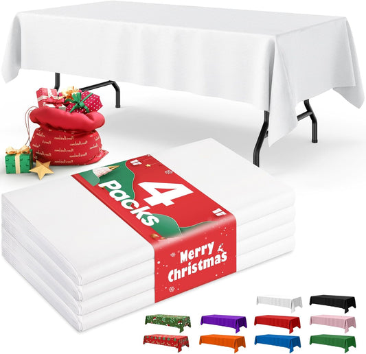 White Plastic Table Cloth - 4 Pack 54" × 108" Rectangle Disposable Tablecloths for 6FT Tables, Waterproof Table Cover for Party, Holiday & Gathering Use