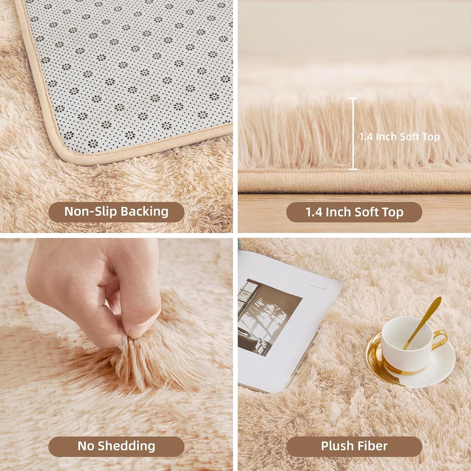 4X6 Shag Area Rug for Living Room Bedroom, Tie-Dyed Beige High Pile Soft Plush Shaggy Furry Cream Bedside Playroom Dorm Carpet, Non-Slip, Non-Shedding Modern Indoor Floor Rug