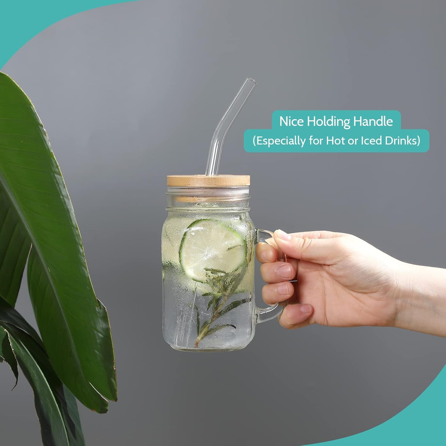 Mason Jars with Handle, Glass Mugs with Straws and Bamboo Lids & Colorful Airtight Lids 4Pcs Set, 16Oz Drinking Glass Cups, Travel Tumbler for Iced Coffee, Smoothie, Overnight Oats Containers