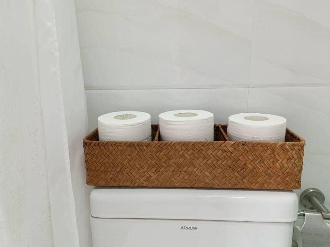 Seagrass Tank Basket for Toilet Paper 3 Sections Woven Storage Basket with Large Compartment Natural (16.5Inch X 5.5Inch X 3.5Inch)