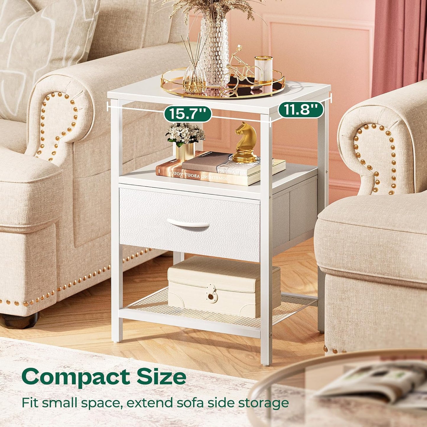 Fabric Drawer Nightstand with Mesh Shelf and Metal Frame, White