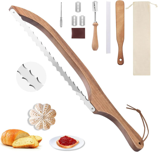Bread Knife Slicer for Homemade Bread, Sourdough Bread Knife, Wood Bread Bow Cutter Saw for Precise Cutting Baguettes Sandwich, Double-Sided Blades, Sharp and Precise Cutting