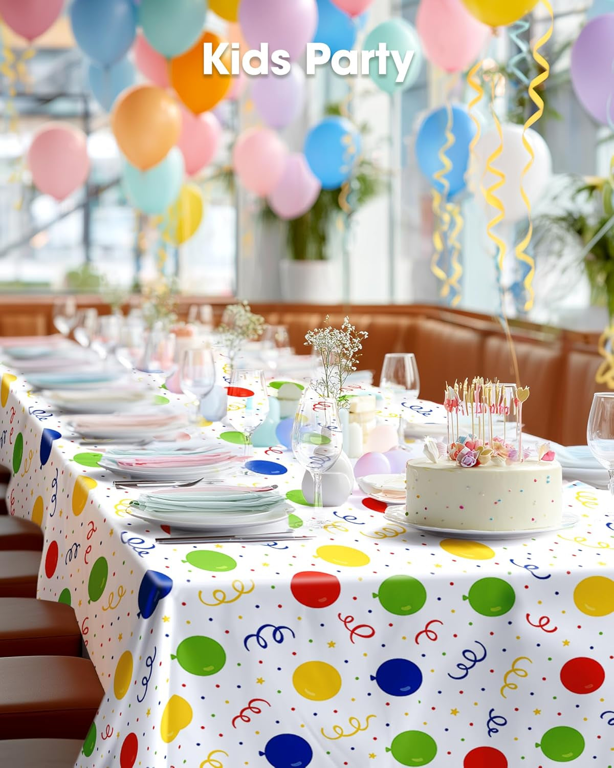 Plastic Table Cloth Disposable 10 Pack, 54 X 108 Inch Table Cloths, Birthday Party Decorations, Picnic, White Tablecloths, Rectangle, Colorful, Rainbow Cover, Leakproof & Sturdy, Balloon