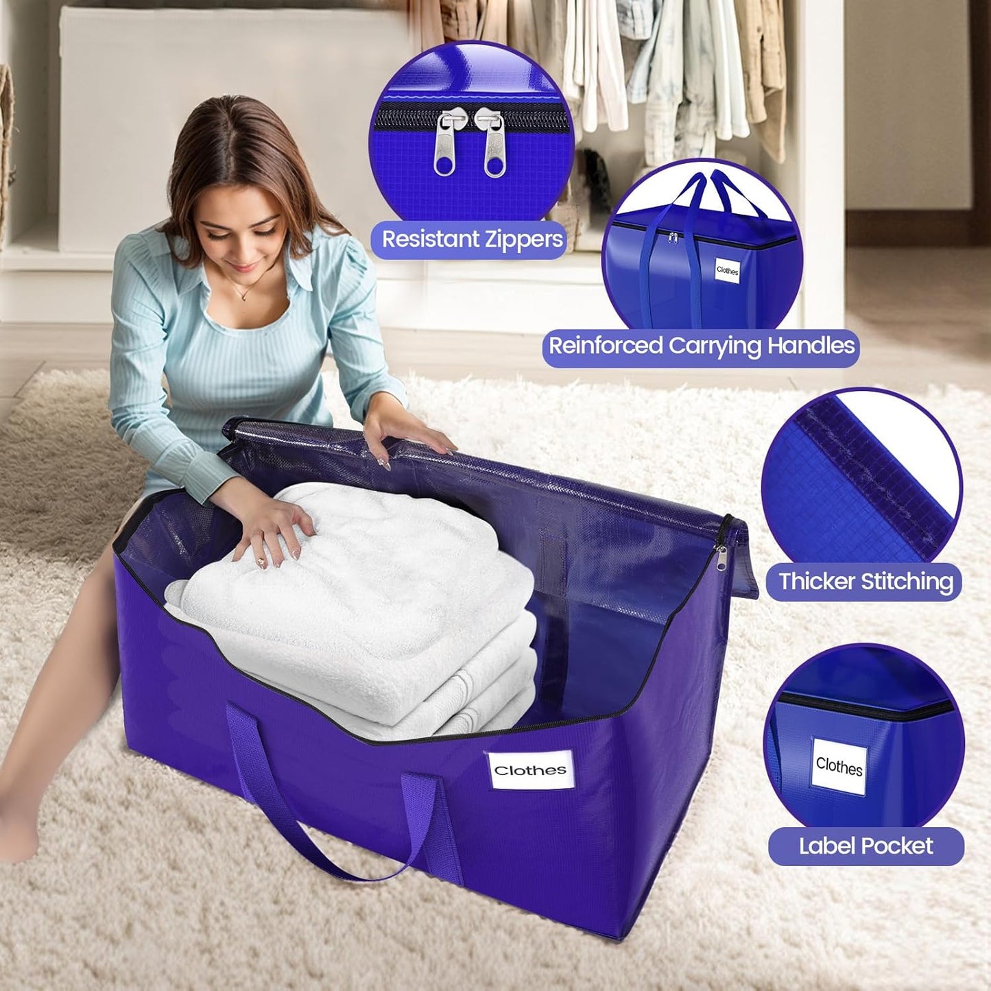 Moving Storage Bags, Moving Supplies Packing Boxes for Moving, Camping, College Dorm Room Essentials for Girls, Blue Tote Bags, Heavy-Duty Storage Bins with Lids and Zippers, 93L 8Pack