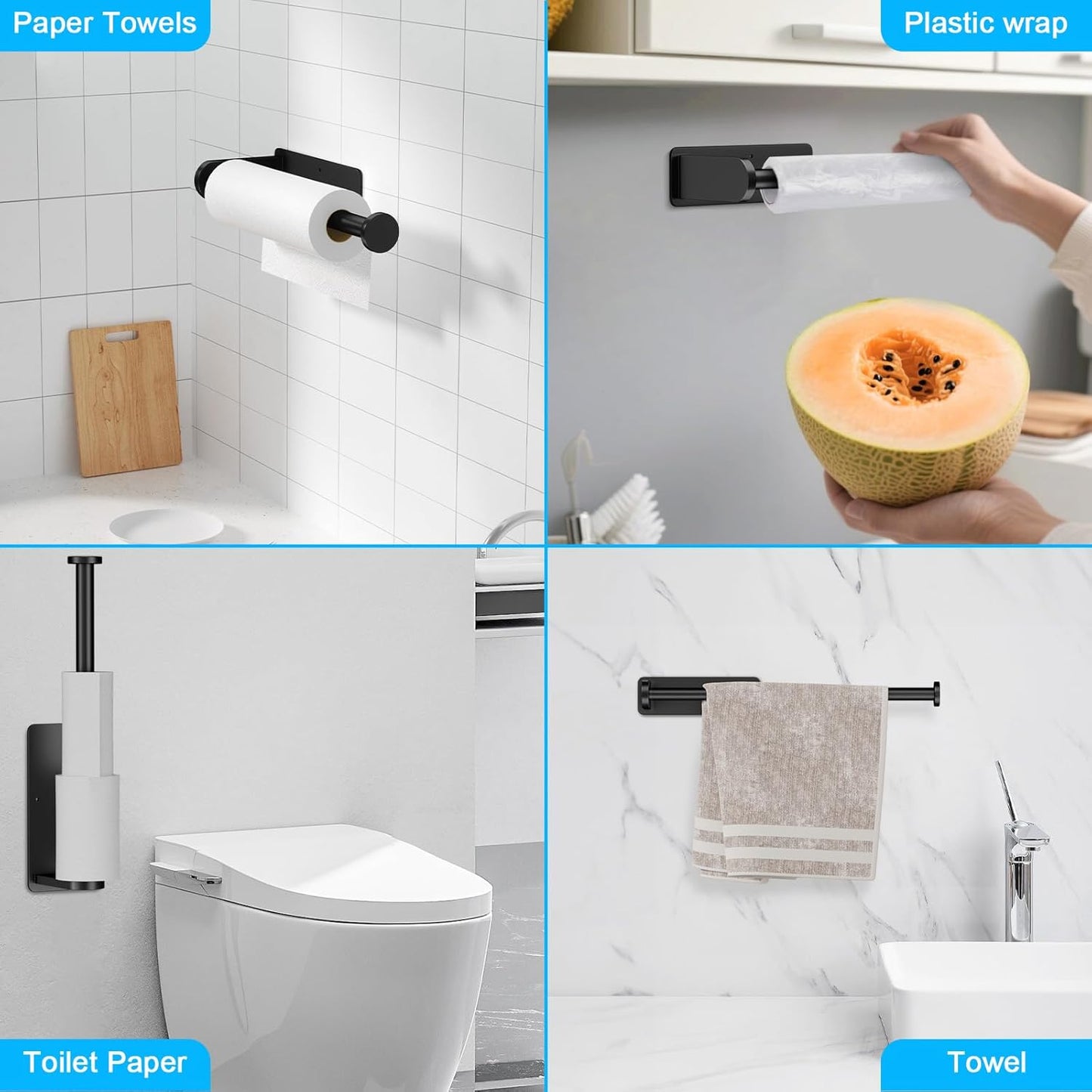 Black Paper Towel Holder under Cabinet, No Drilling under Counter Paper Towel Holder Wall Mount Towel Rack, Adhesive Toilet Paper Roll Holders for Kitchen Bathroom Fridge Pantry Garage RV Essentials