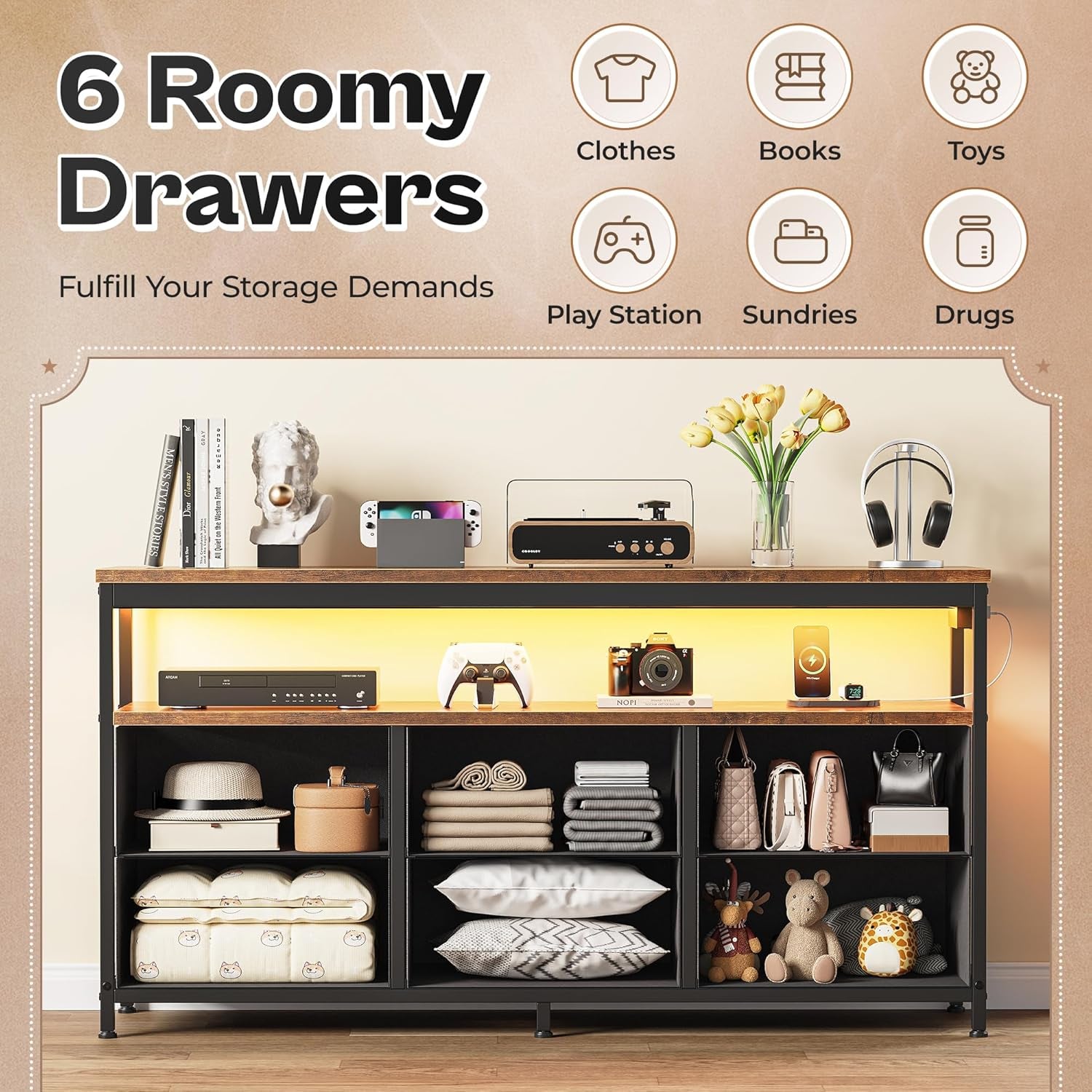 Rustic Black LED TV Stand with Storage for 43 to 55 Inch TVs, 47 Inch Dresser Entertainment Center Featuring Power Outlets and 6 Drawer Fabric Dresser for Living Room