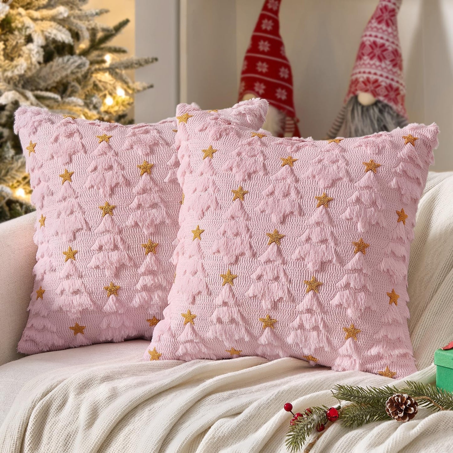 Christmas Pillow Covers 18X18 Inch Set of 2, Pink Christmas Tree Plush Faux Fur Pillowcases Soft Decorative Throw Pillow Cases for Couch Sofa Living Room Winter Xmas Holiday Home Decor