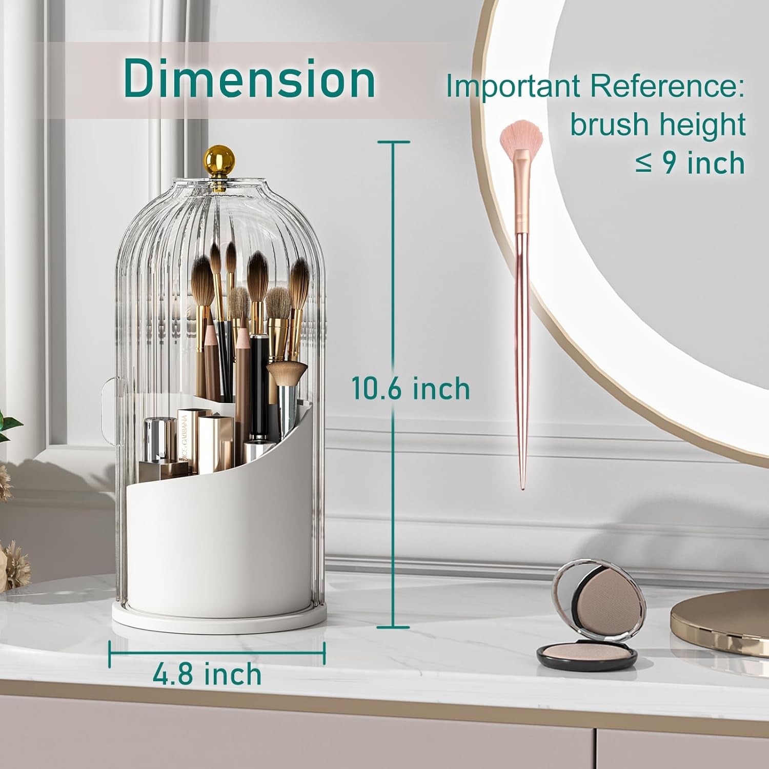 Makeup Brush Holder with Lid Cosmetic Tools Organizer 360 Rotating Waterproof Dustproof Beauty Brushes Storage for Vanity, Transparent