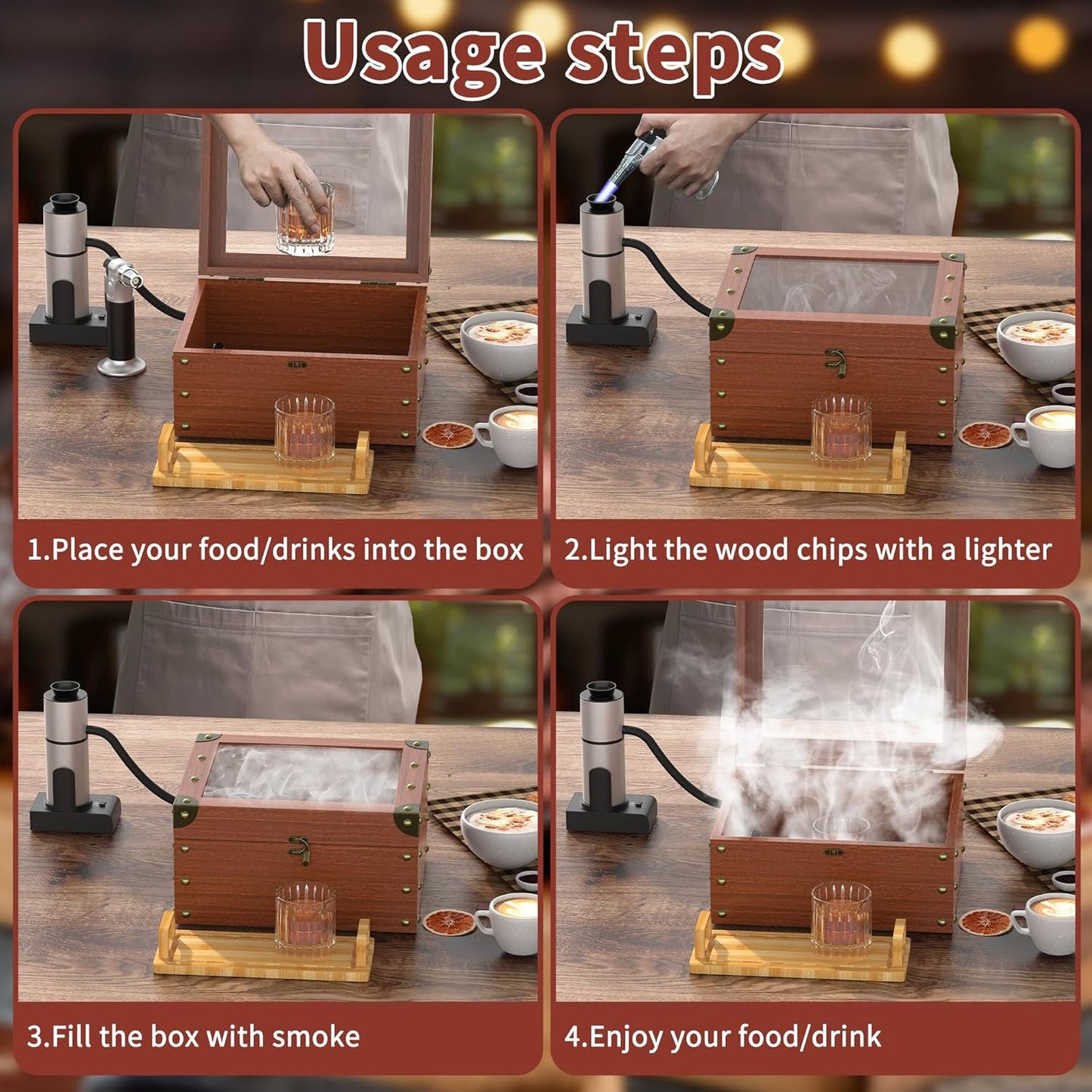 Cocktail Smoking Kit with Torch, Food Tray, and Apple & Cherry Wood Chips - Whiskey Infuser Set for Old Fashioned Drinks - Ideal Bourbon Gifts for Men (Excludes Butane and Cup)