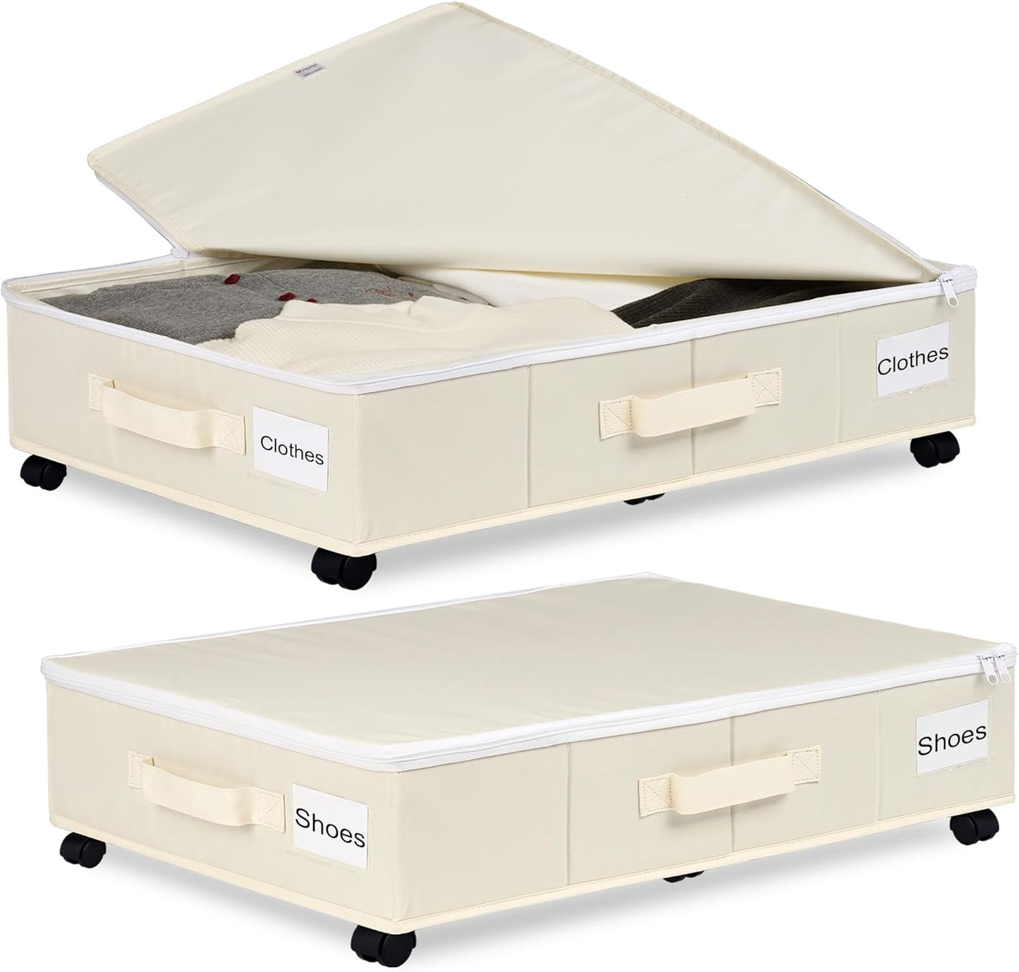 Under Bed Storage with Wheels, 2 Pack under Bed Storage Containers with Label Holders for Clothes, Shoes and Blankets, Rolling Underbed Shoe Organizer with Cover, Beige (30.71X15.7X7.28 In)