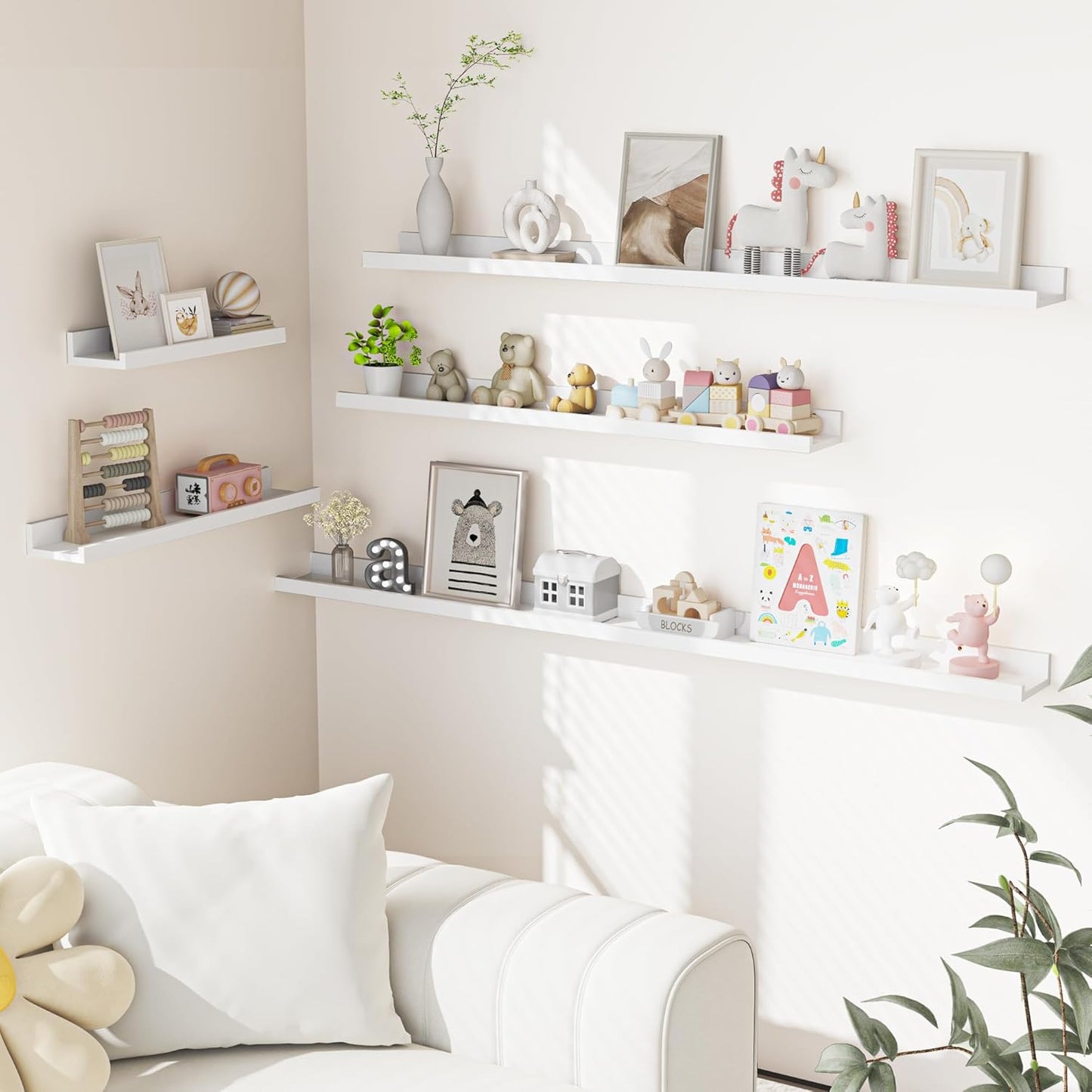 Picture Ledge Shelf, Floating Shelves Set of 2, 24 Inches Picture Shelf for Wall with Ledge, Kids Bookshelf Wall Mounted for Living Room Bedroom Decor Books Photo Frames - White