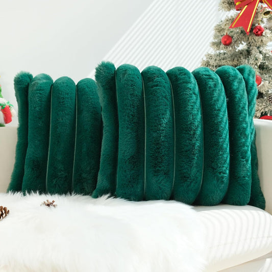 Pack of 2 Faux Fur Plush Decorative Throw Pillow Covers Couch Cushion Case Soft Fluffy Pillowcases Wide Stripe (Dark Green, 18 X 18 Inch)