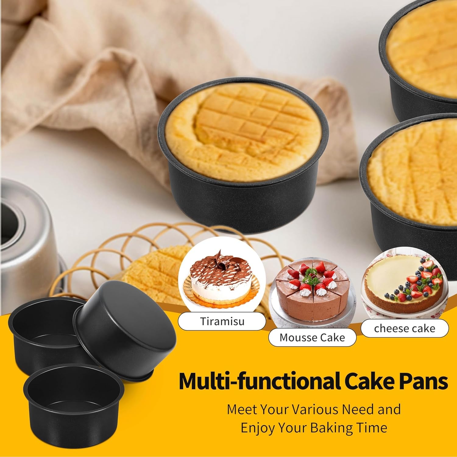 Cake Pan Set of 3, Non-Stick round Baking Cake Pans Tins for Tier Smash Cakes, Non-Toxic & Solid, Stainless Steel Core & Leak-Proof, 4 Inch