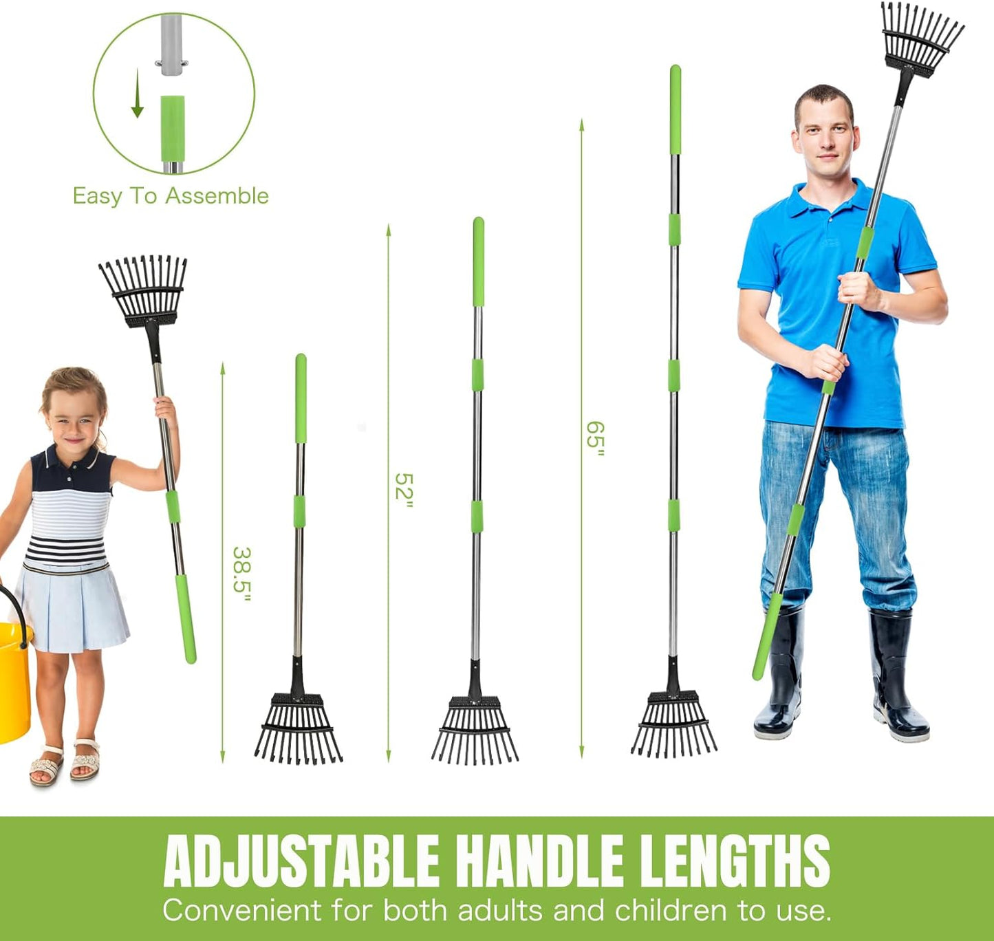 Small Leaf Rake, 8.5 Inch Wide Head with 11 Tines, Metal Garden Rake with Adjustable Handle 38.5 to 65 Inch for Gardening, Leaves, Weeds, Debris