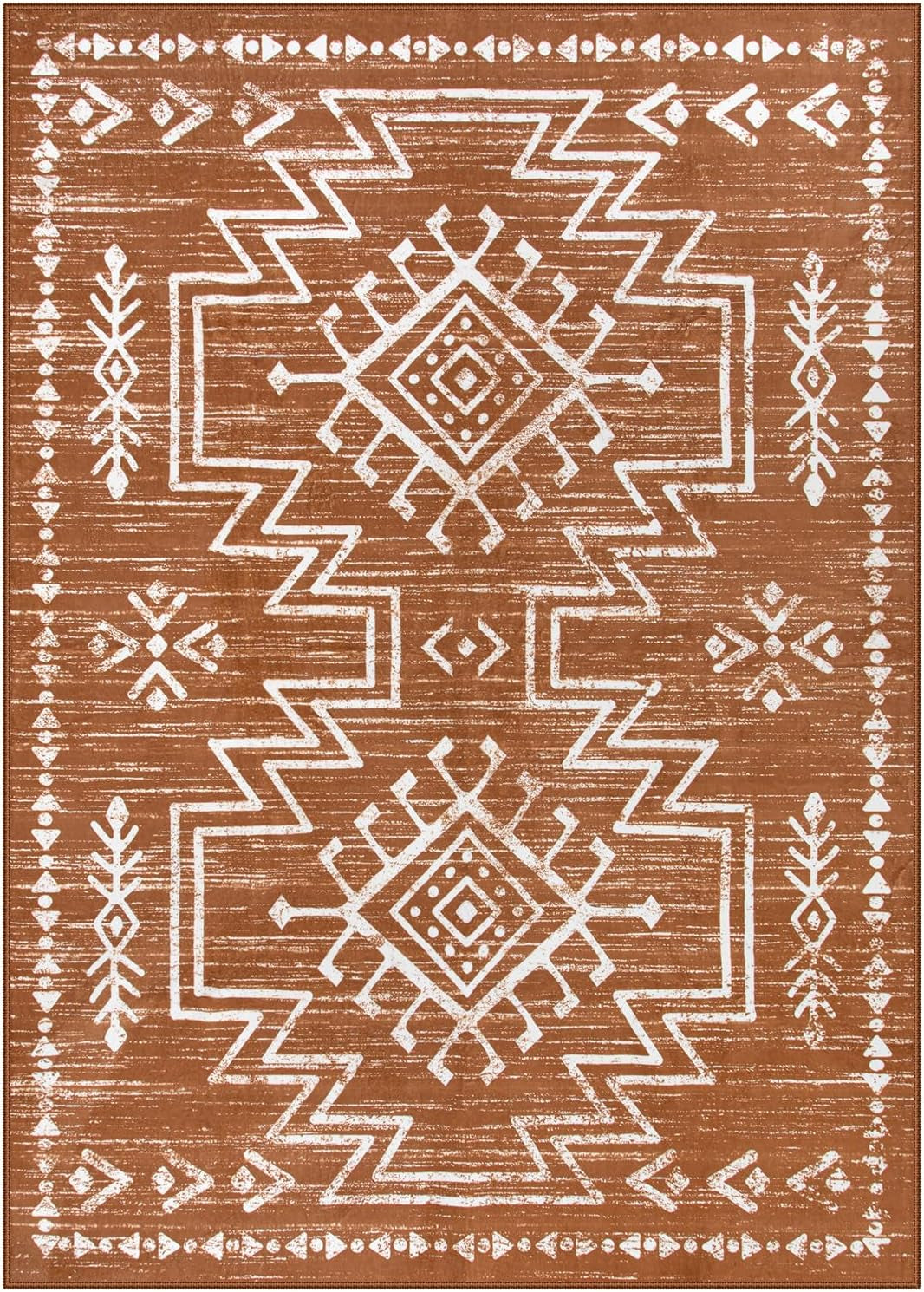 5X7 Boho Rugs for Living Room, Washable Bedroom Western Area Rug, Low Pile Soft Burnt Orange Carpet, Stain Resistant Distressed Fall Rug Aztec Carpets for Dining Room
