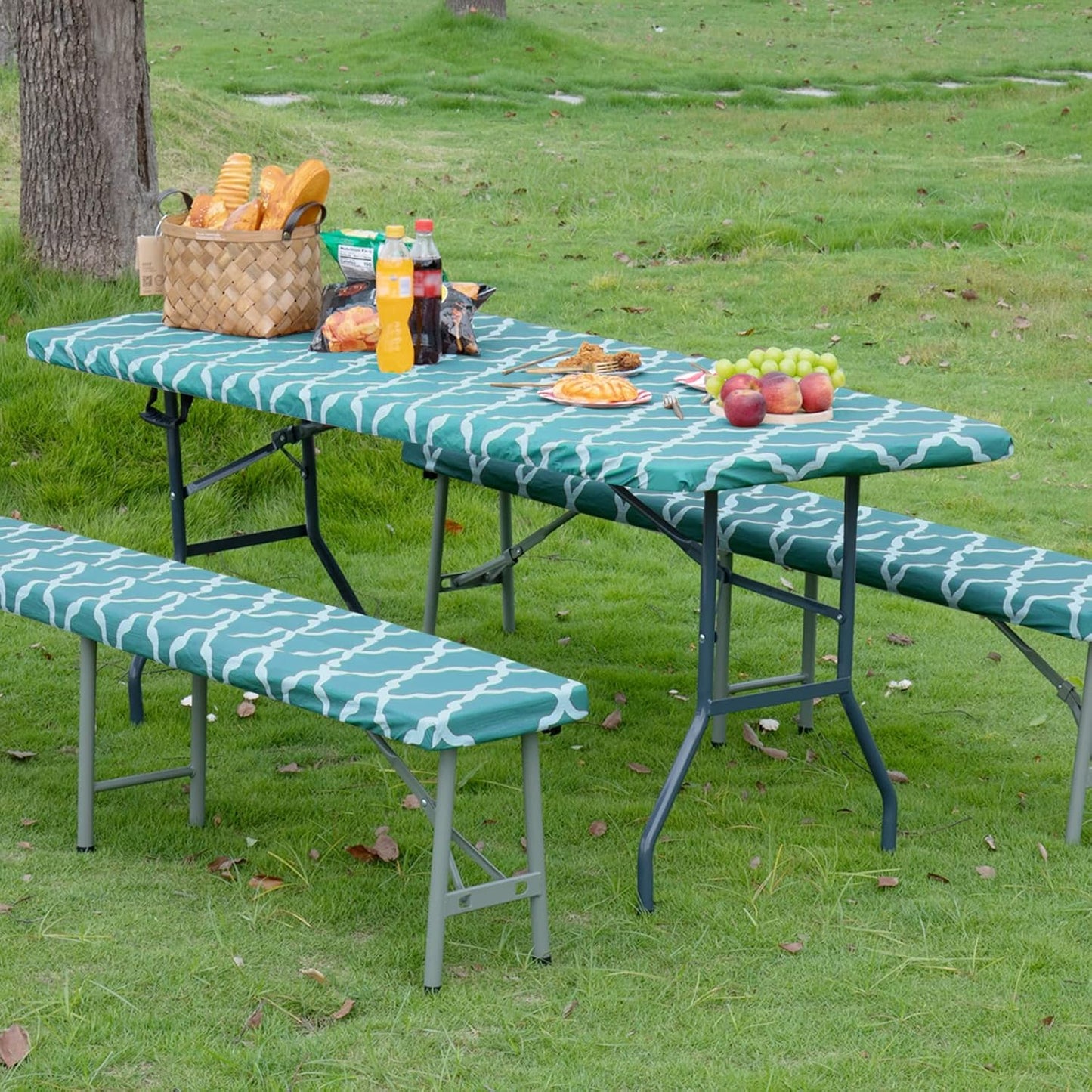 100% Waterproof Picnic Outdoor Tablecloth with Bench Covers Fit 6 Foot Rectangle Table, 3-Piece Set Camping Table Cover with Seat Covers (30X72 In, Moroccan/Teal & White)