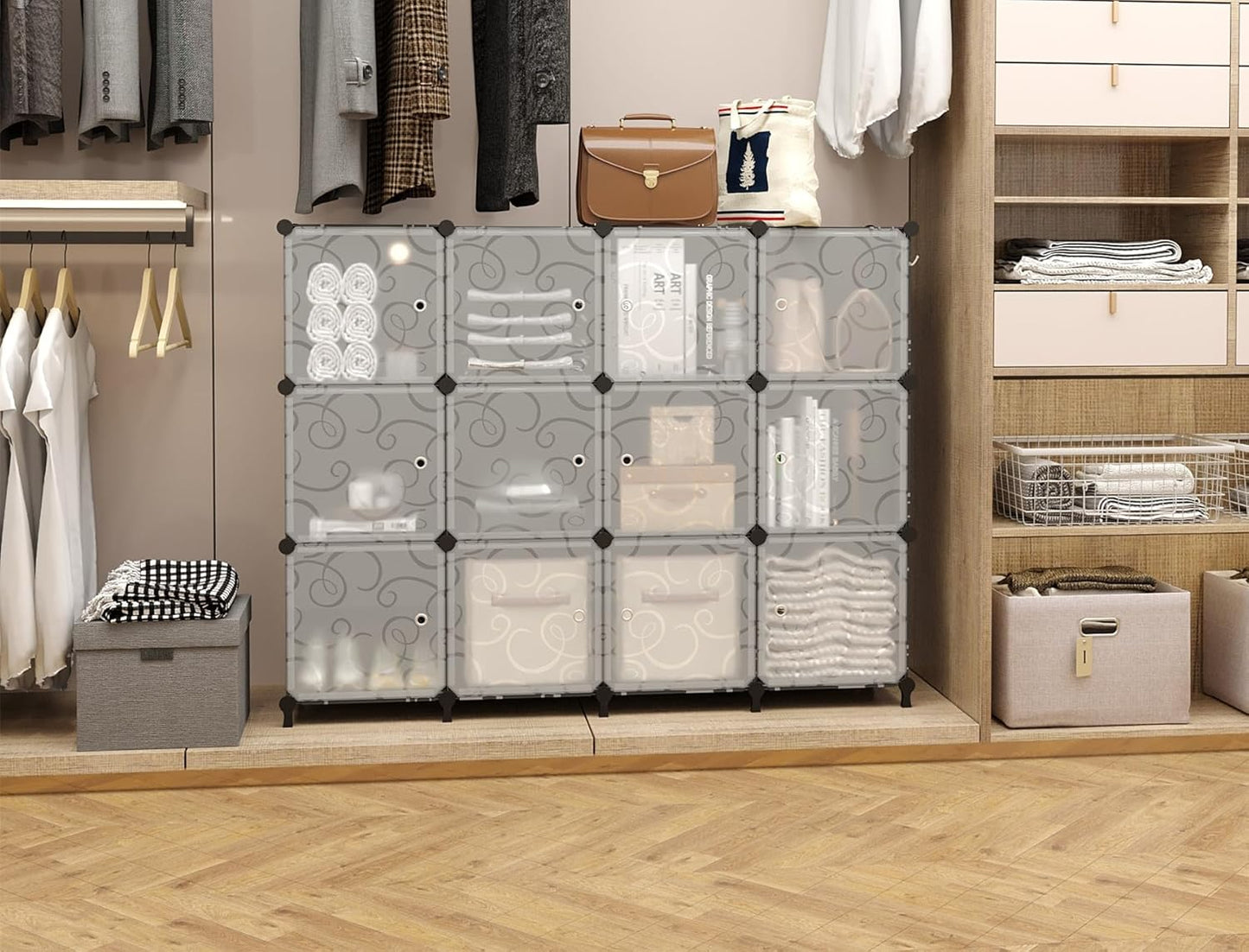 12 Cube Storage Organizer with Doors, DIY Plastic Closet Shelf, Modular Bookshelf, Stackable Shelving Rack for Bedroom, Living Room, Black ULPZ012