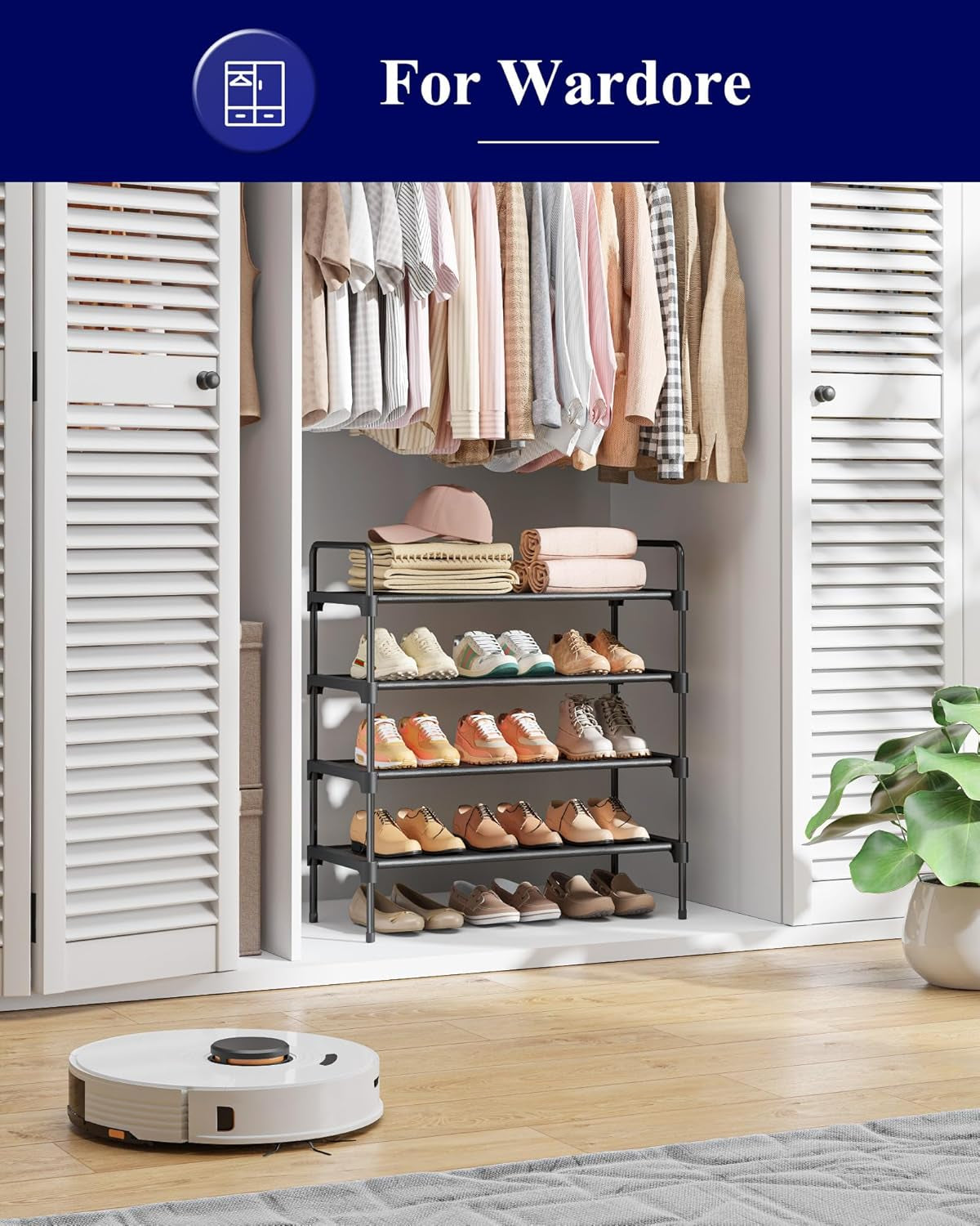 4-Tier Shoe Rack - Metal Shoe Organizer and Shoe Shelf with Handle, Easy-Assembly, Sturdy Shoe Rack for Closet, Entryway, Bedroom (Black, 26.6'' X 11.4'' X 29.5'')