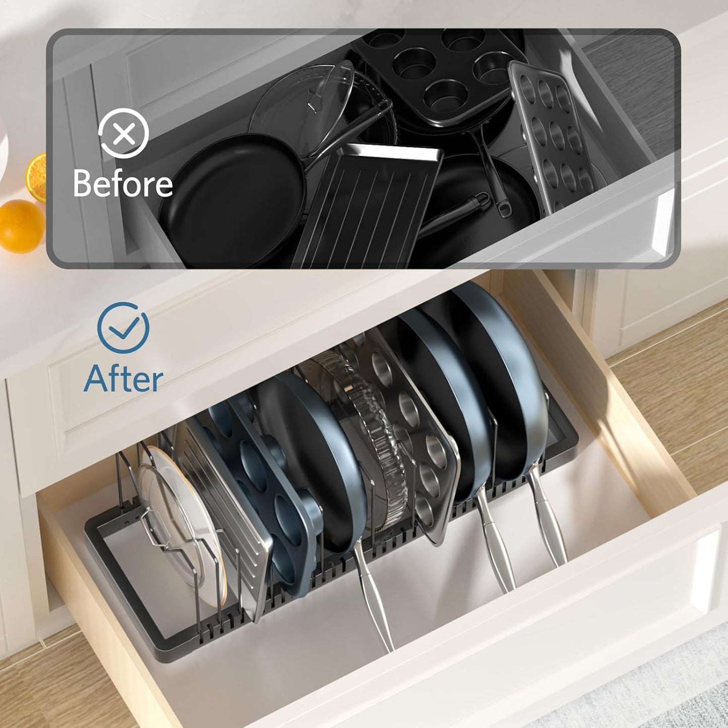 Pots and Pans Organizer Rack for Cabinet, Expandable Pot Lid Organizer Holder with 10 Adjustable Compartment, Kitchen Cabinet Organizer for Lids & Bakeware - Pantry & Countertop Storage Rack
