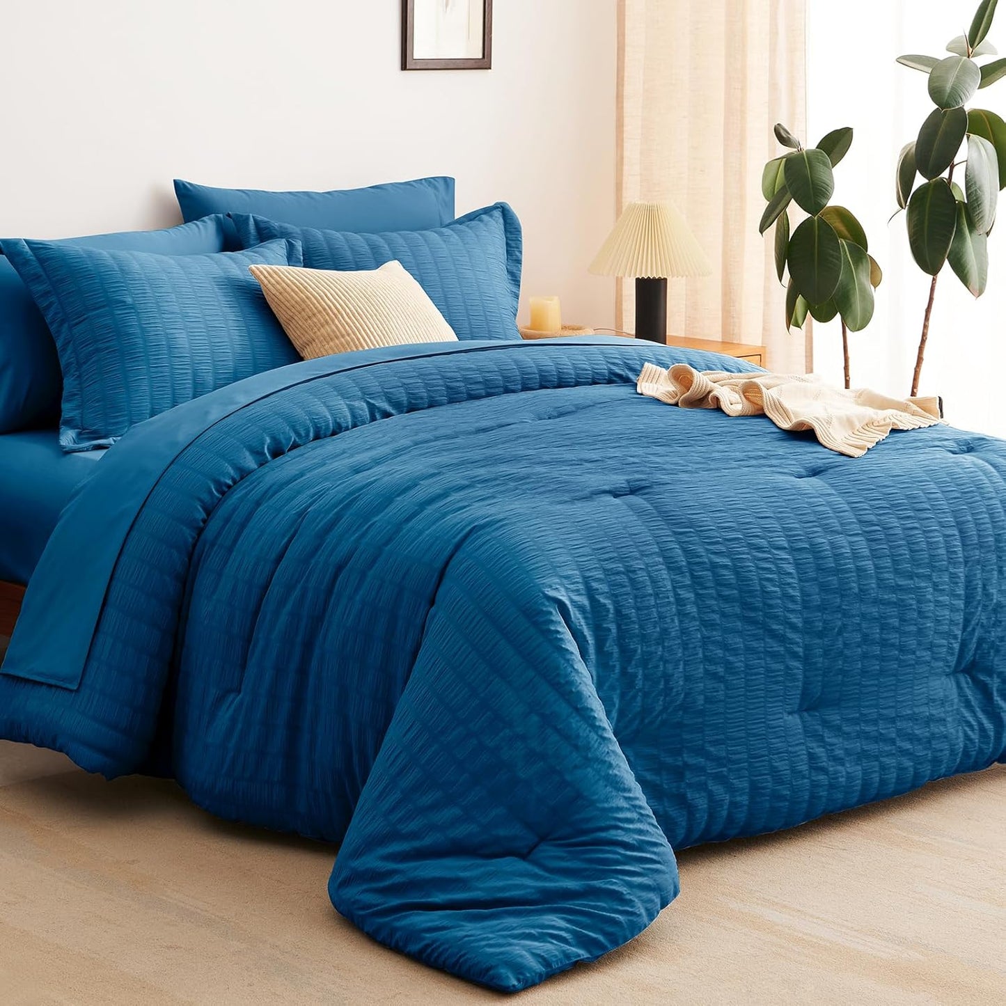 Full Seersucker Comforter Set with Teal Bed in a Bag 7-Pieces All Season Bedding Sets with Comforter, Pillow Sham, Flat Sheet, Fitted Sheet, Pillowcase