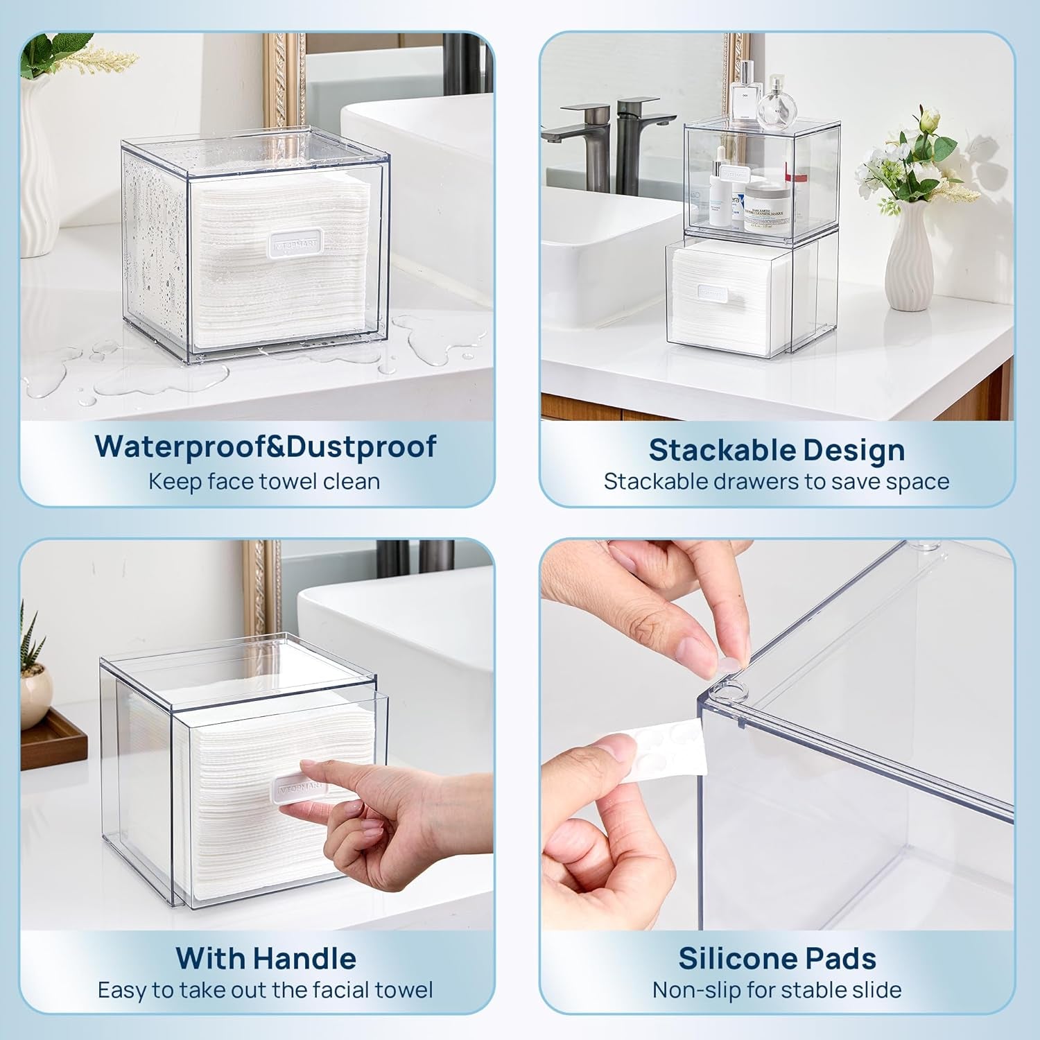 Disposable Facial Towels Holder,Clear Storage Drawer Compatible with Clean Skin Club Towel Xl,Acrylic Box Hold 50 Count,Stylish and Functional Bathroom Accessory for Coutertop Organization