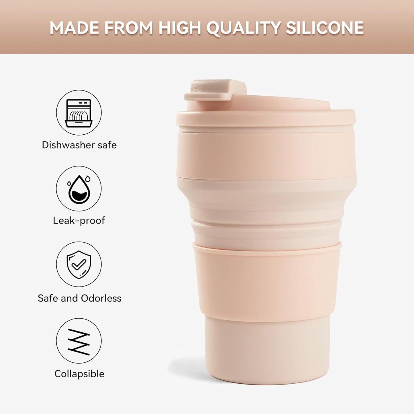 2Pcs Collapsible Cup for Traveling, Collapsible Silicone Travel Cup for Hot and 2 Drinks, Leak Proof Silicone Folding Travel Coffee Mug for Camping & Hiking, BPA Free 12Oz Purple&Pink