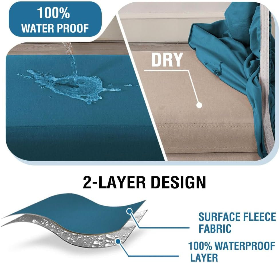 100% Waterproof Ottoman Cover Rectangle Stretch Velvet Ottoman Slipcovers for Living Room with Nonslip Elastic Bottom Furniture Protector Thick Soft Fleece Fabric (Large, Peacock Blue)