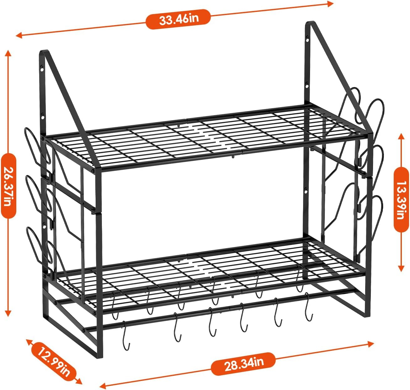 Pot Rack Wall Mounted - Double Layer Hanging Pot and Pan Rack for Kitchen with 12 Hooks as Pot and Pan Organizer, Includes 6 Lid Holders for Pot Hanger Storage, Length 33.46", Spacing 13.39"