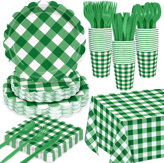 176 PCS Green Gingham Plates and Napkins, Green and White Checkered Disposable Plates Set with Napkins Cups Plastic Spoons Forks Knives for Dinner Birthday Picnic Golf Graduation Party Decorations