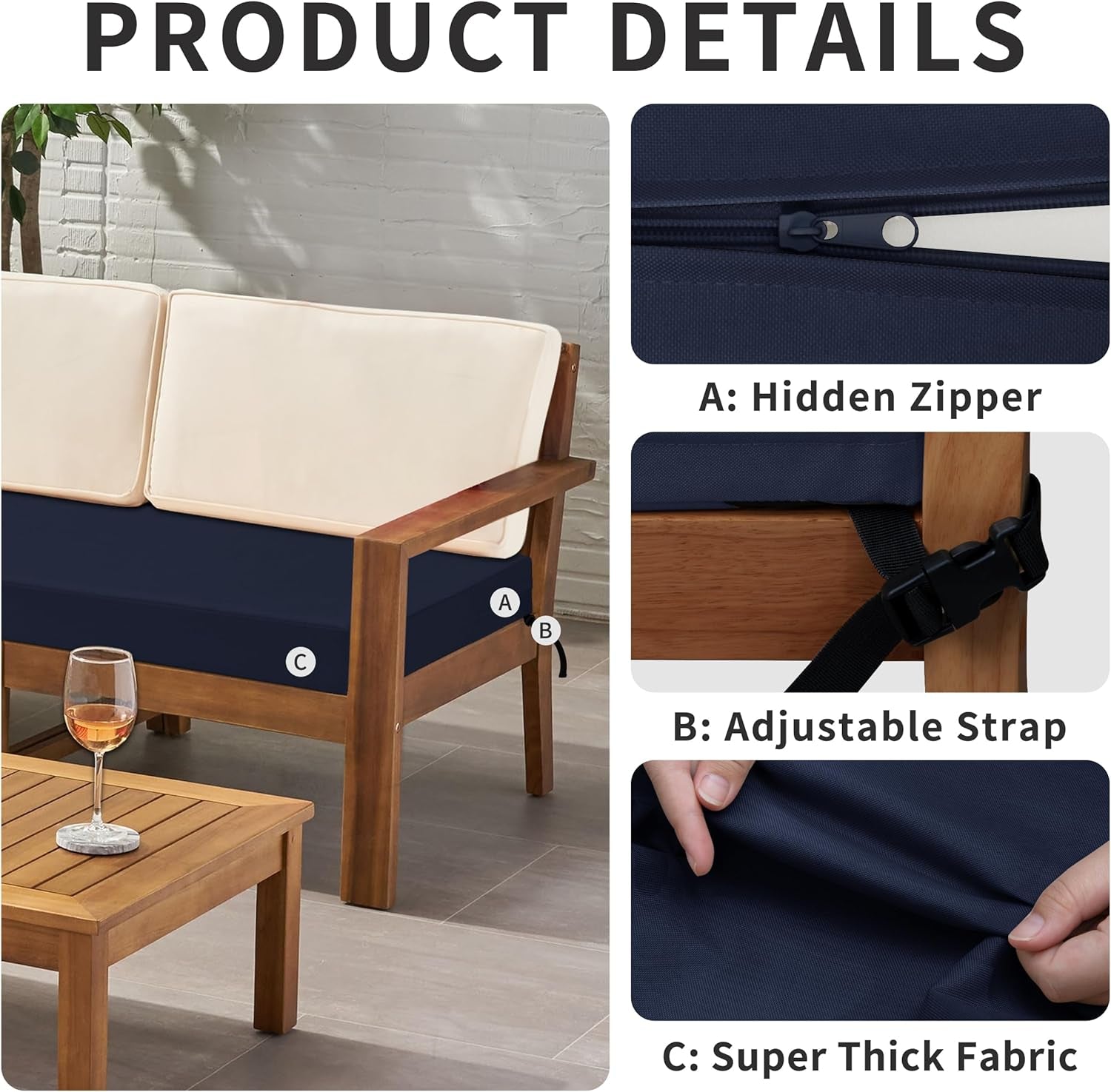 42X18X3 Inch Waterproof Outdoor Couch Bench Cushion Covers Only Replacement Non-Slip Patio Seat Cushion Slipcover with Zipper and Adjustable Straps Navy