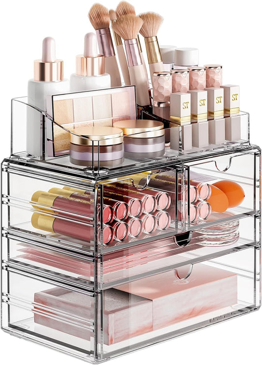 4-Tier Clear Makeup Organizer with Drawer, Acrylic Cosmetic Display Case for Makeup Vanity Bathroom Counter Organizers and Storage, Stackable Vanity Organizer for Brushes Lipsticks Skincare
