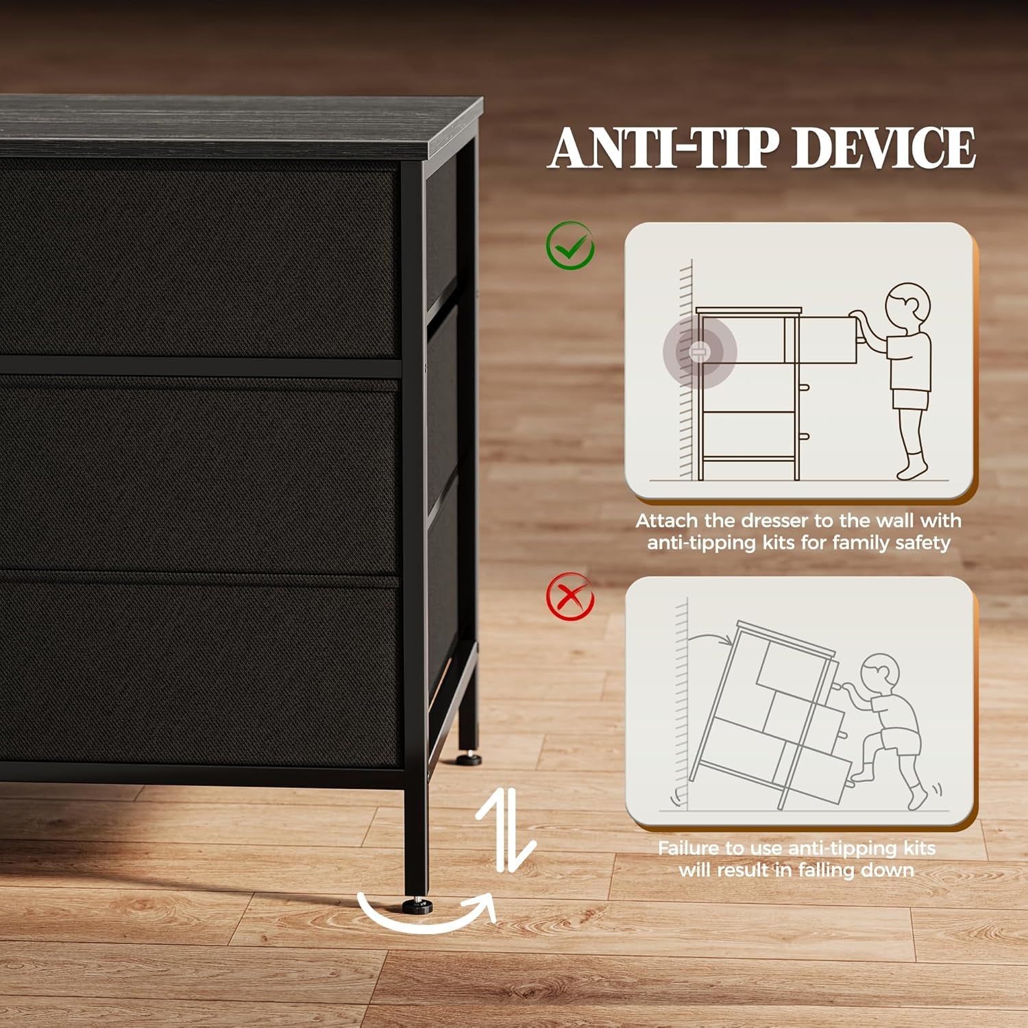 63-Inch Charcoal Black Wood Grain Dresser with 10 Fabric Drawers - Versatile Storage Solution for Bedroom and Living Room, Accommodates 55 to 70 Inch TVs