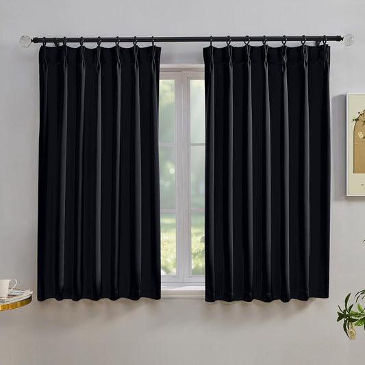 Black Short Black Out Pinch Pleated Curtains for Bedroom 54 Inches Long 2 Panels, Solid Curtains Thermal Insulated Energy Saving Window Treatment Curtains with Hooks, 42" W X 54" L