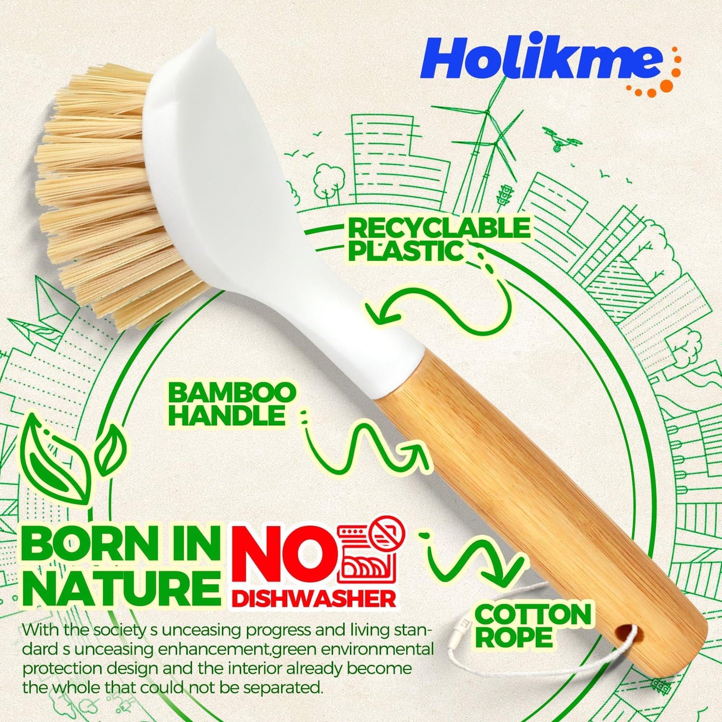 3 Pack Dish Brush Set with Bamboo Handle, Kitchen Brushes for Cleaning Pot, Sink and Stove, Skillet Scrubber with Tough Bristles for Cast Iron Grill Pan, Yellow White Black