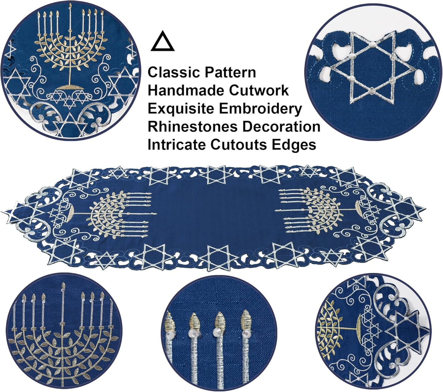 Hanukkah Blue Table Runner, Embroidered Chanukah Menorah Table Runners 36 Inches Long, Jewish Festival Holiday Party Table Decor Indoor Outdoor Dresser Scarf for Kitchen Dining Home Decorations