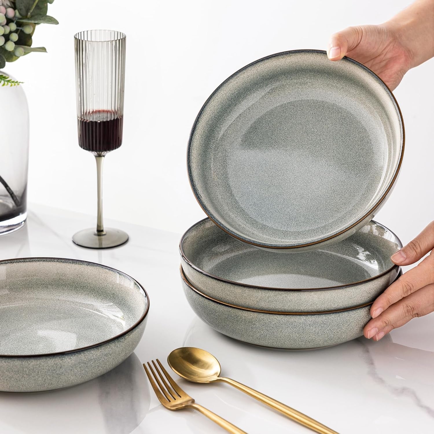 Large 9-Inch Ceramic Pasta Bowls Set of 4, 38oz Stoneware Serving Bowls for Kitchen, Versatile Wide Bowls for Fruit, Pasta, Salad, Oatmeal, Microwave Safe with Reactive Glaze in Green Wheat