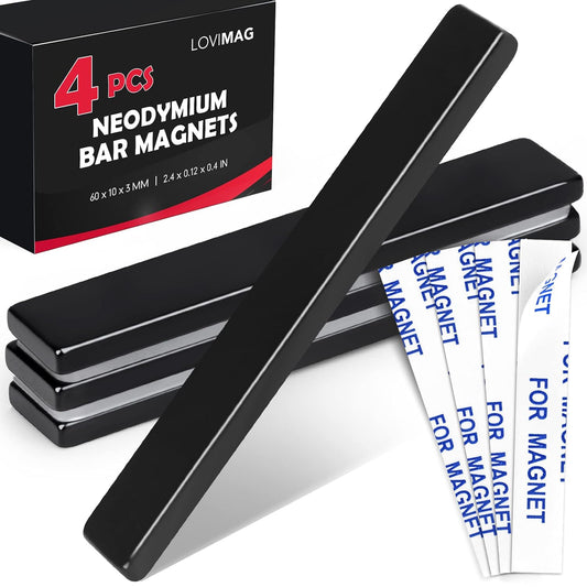 Waterproof Strong Neodymium Bar Magnets, Powerful Rare Earth Magnets with Epoxy Coating and Double-Sided Adhesive for Shower Door, Fridge, Scientific, Office Etc,60X 10X 3 Mm, Pack of 4