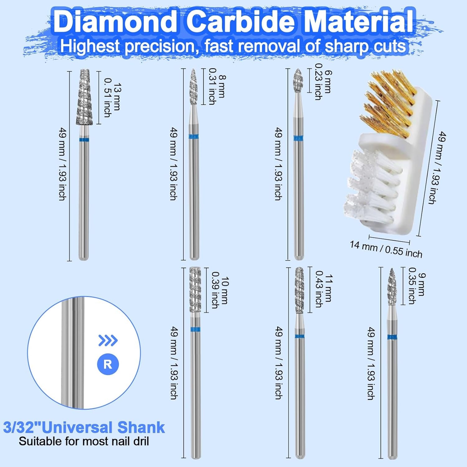 6 Pack Nail Drill Bits for Acrylic Nails, Diamond Carbide Nail Clipper Heads with Diamond Spiral Grooves, 3/32 Inch Cutter Attachment for Nail Preparation, Cuticle and Dead Skin Removal-Blue
