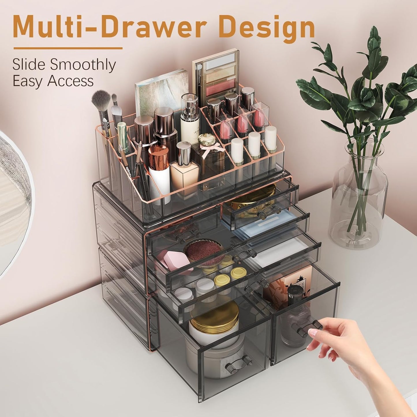 3-Tier 6-Drawer Makeup Organizer Countertop Cosmetic Organizer for Dresser and Vanity | Bathroom Organizers and Storage for Lipstick Brush Skincare Perfume, Nail Polish (Black + Gilded Borders)